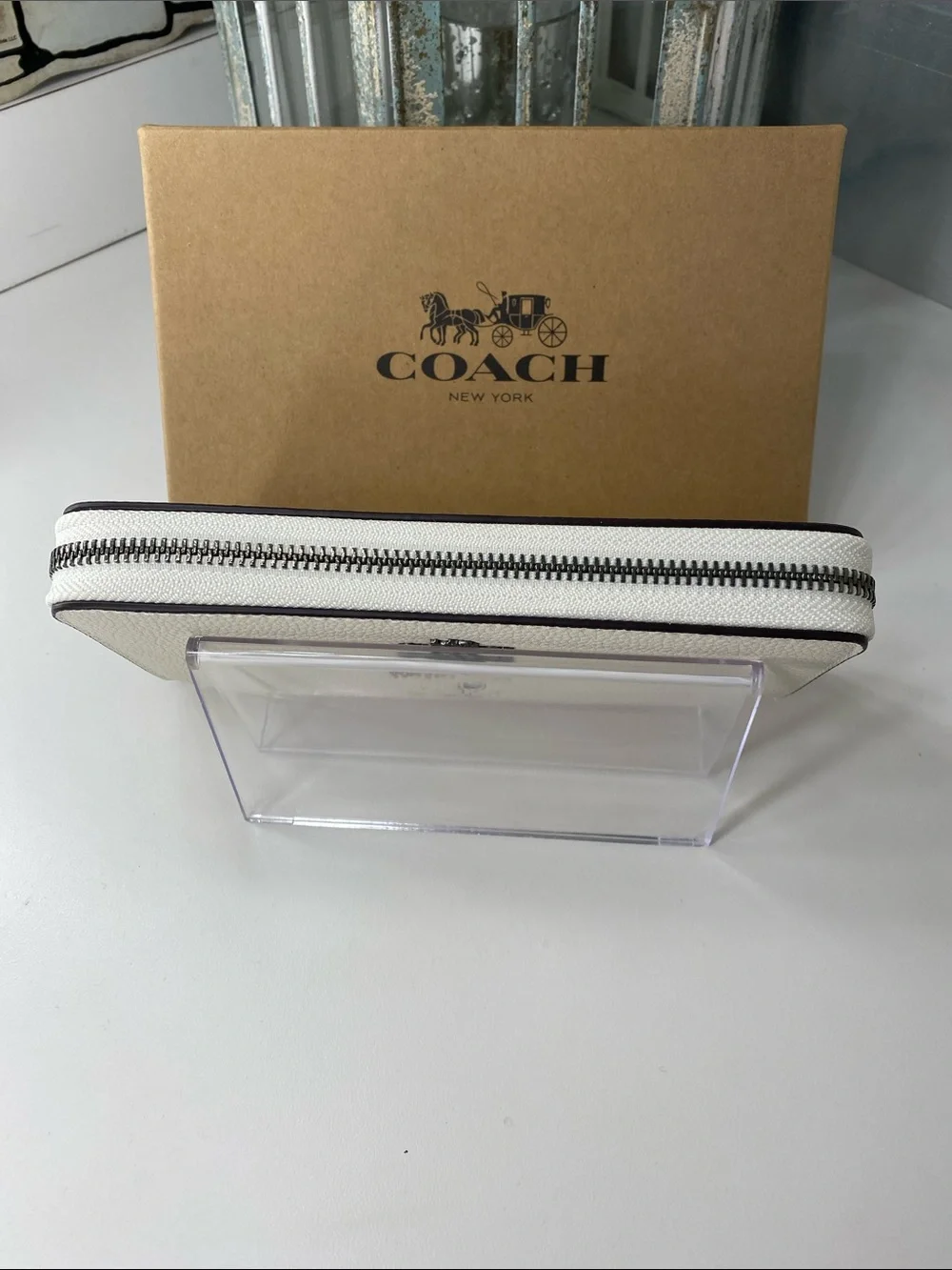 Coach White Pebbled Leather Zip Wallet with Snoopy and Woodstock Graphic